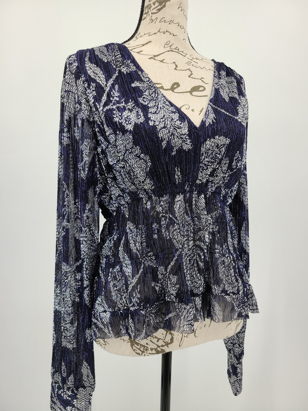 Anthropologie Midnight Blue And Silver Sheer V Neck Blouse Size Medium